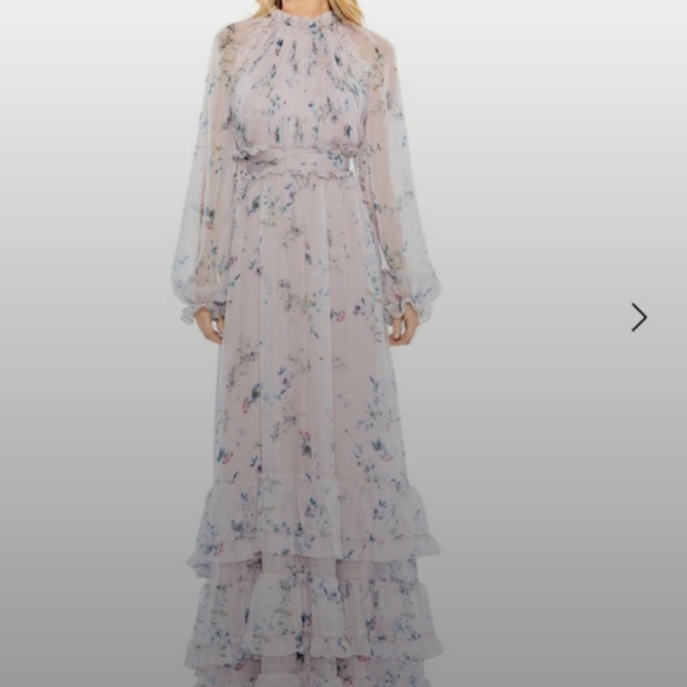 NEW Mac Duggal FLORAL PRINT RUCHED RAGLAN SLEEVE TIERED GOWN SIZE 18